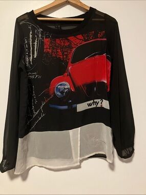 Desigual Black Red Sheer Graphic Car Print Long Sleeve Blouse